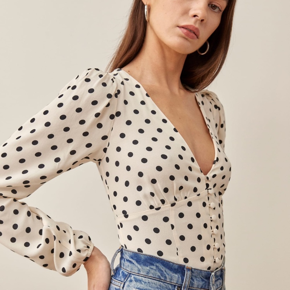 Reformation Cream Polka Dot V-Neck Blouse with Black Dots